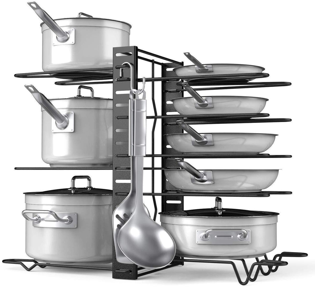 Adjustable stainless steel pot and pan organizer rack with lids