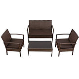 Tangkula 4 Piece Outdoor Furniture Set Patio Garden Pool Lawn Rattan Wicker Loveseat Sofa Cushioned Seat & Glass Top Coffee Table Modern Wicker Rattan Conversation Set (Brown)