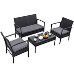 Tangkula 4 Piece Outdoor Furniture Set Patio Garden Pool Lawn Rattan Wicker Loveseat Sofa Cushioned Seat & Glass Top Coffee Table Modern Wicker Rattan Conversation Set (Brown)