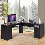 Tangkula 66" × 66" L-Shaped Desk, Corner Computer Desk, with Drawers and Storage Shelf, Home Office Desk, Sturdy and Space-Saving Writing Table,Brown