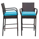 Sundale Outdoor 2 Pcs All Weather Patio Furniture Set Brown Wicker Barstool with Blue Cushions, Back Support and Armrest