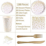 Duocute White and Gold Party Supplies 150Pcs Golden Dot Disposable Party Dinnerware Includes Paper Plates, Napkins, Knives, Forks, 12oz Cups, Banner, for Bridal Shower, Engagement, Wedding, Serves 25