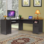 Tangkula 66" × 66" L-Shaped Desk, Corner Computer Desk, with Drawers and Storage Shelf, Home Office Desk, Sturdy and Space-Saving Writing Table,Brown