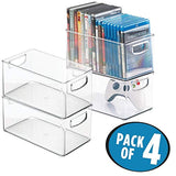 mDesign Plastic Stackable Household Storage Organizer Container Bin Box with Handles - for Media Consoles, Closets, Cabinets - Holds DVD's, Video Games, Gaming Accessories, Head Sets - 4 Pack - Clear