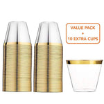 110 Gold Plastic Cups 9 Ounce - Elegant Disposable Clear Gold Rimmed Tumbler - Fancy Heavy Duty - Wedding Party Decoration Glasses with Gold Trim - Elegant Old Fashioned