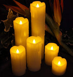 LED Lytes Timer LED Candles - Slim Set of 6, 2" Wide and 2"- 9" Tall, Ivory dripping Wax and Flickering Amber Yellow Flame Battery Operated Electric Candle