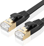 TNP Cat7 Shielded Ethernet Flat Patch Network Cable 33 ft - 10Gbps 600Mhz High Performance with Snagless RJ45 Connectors Gold Plated Plug S/STP Wires Networking Cable Wiring Black