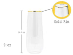Plastic Champagne Flutes with GOLD RIM SET OF 24 | 9 Oz STEMLESS | Disposable | BPA-FREE | Shatterproof | Clear Toasting Glasses | Recyclable | Perfect for Weddings Party Events Holidays