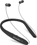 Bluetooth Headphones, RoomyRoc Wireless Neckband Headset Evoking Siri & Bixby with Retractable Earbuds, Sports Sweat-Proof Noise Cancelling Foldable Stereo Earphones with Mic (Black)