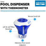 Aquatix Pro Large Pool Chemical Dispenser with Thermometer, Strong Floating Chlorine Dispenser for Indoor & Outdoor Swimming Pools, Up to 3" Bromine Tablet Holder, Use as a Spa Chemical Dispenser