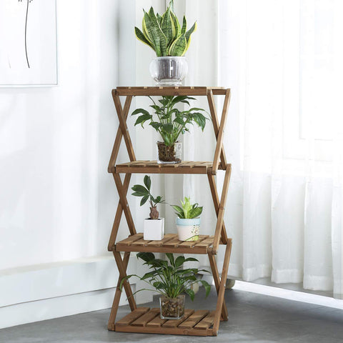 Sunnyglade 4-Tier Foldable Flower Rack Plant Stand Wood Shelf Multipurpose Utility Storage Rack Books Picture Frames Shelves for Yard Garden Patio Balcony Bedroom