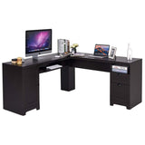 Tangkula 66" × 66" L-Shaped Desk, Corner Computer Desk, with Drawers and Storage Shelf, Home Office Desk, Sturdy and Space-Saving Writing Table,Brown