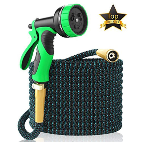 [New 2018] Expandable Garden Hose 50Ft Extra Strong – Brass Connectors with Protectors 100% No-Rust & Leak, 9-Way Spray Nozzle - Best Water Hose for Pocket Use - 100% Flexible Expanding up to 50 ft