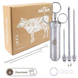 Meat Injector Kit - Marinade Injector Syringe for Food - 304 Stainless Steel Syringes, 6 Professional Needles, 4 Silicone O-Rings and 2 Cleaning Brushes - Recipe Book Pdf - BBQ Grill Kit