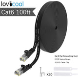 Lovicool Cat 6 Ethernet Patch Cable 100 ft Black, 4-Pair UTP Flat Networking Patch LAN Cable Ethernet Cords Network Wire Speed up to 250MHz with RJ45 Connectors 30m