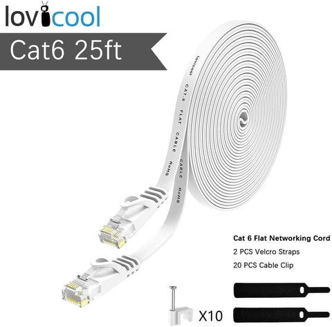 Lovicool CAT6 Ethernet Patch Cable 75ft White LAN Cable Flat Internet Computer Networking Cable High Speed Up to 10Gigabit Ethernet Cord with RJ45 Connector for Modem Switch Boxes Router PS4 Xbox 23m