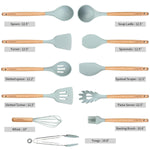 CORAFEI Silicone Cooking Kitchen 11 PCS Acacia Wooden Utensils Tool for Nonstick Cookware,BPA Free, Non Toxic Turner Tongs Spatula Spoon Set with Holder