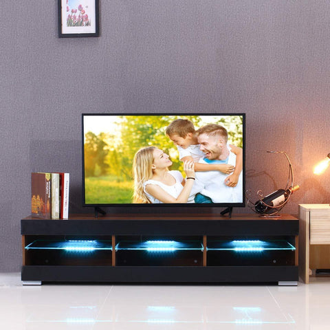 KingSo TV Stand for 55 Inch TV, TV Stands with Led Lights Entertainment Center, High Gloss TV Table TV Cabinet Modern TV Console Living Room Furniture - Wood Brown