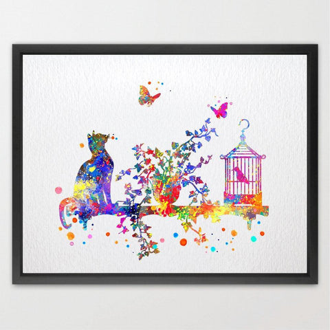 Dignovel Studios 13X19 Cat Birdcage and Butterfly Watercolor Art Print Wall Art Hanging Home Decor Nursery Decor Kids Art Fine Art Print Motivational Art N120