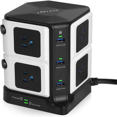 BESTEK Power Strip Tower 8-Outlet and 6 Smart USB Charging Ports 1500 Joules Surge Protector with 6 Feet Extension Cord ETL Listed