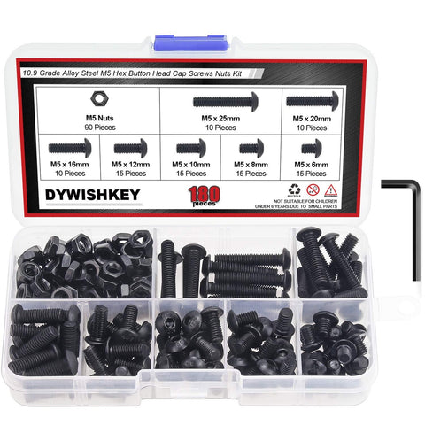 DYWISHKEY 180 Pieces M5 x 6mm/8mm/10mm/12mm/16mm/20mm/25mm, 10.9 Grade Alloy Steel Hex Button Head Cap Bolts Nuts Kit with Hex Wrench