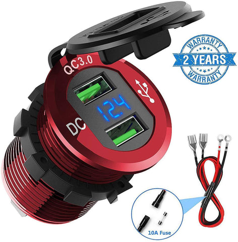 Quick Charge 3.0 Car Charger, CHGeek 12V/24V 36W Aluminum Waterproof Dual QC3.0 USB Fast Charger Socket Power Outlet with LED Digital Voltmeter for Marine, Boat, Motorcycle, Truck, Golf Cart and More