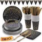 Duocute White and Gold Party Supplies 150Pcs Golden Dot Disposable Party Dinnerware Includes Paper Plates, Napkins, Knives, Forks, 12oz Cups, Banner, for Bridal Shower, Engagement, Wedding, Serves 25