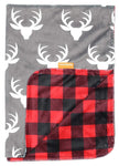 Dear Baby Gear Deluxe Reversible Baby Blankets, Custom Minky Print White Antlers, Red and Black Buffalo Plaid Minky