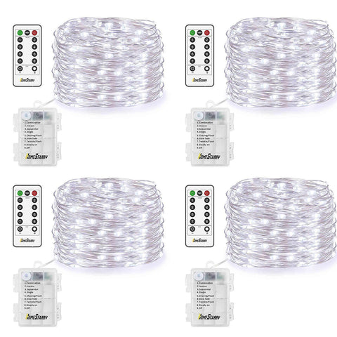 4 Pack Fairy Lights Fairy String Lights Battery Operated Waterproof 8 Modes Remote Control 50 Led String Lights 16.4ft Silver Wire Firefly lights for Bedroom Wedding Festival Decor (Cool White) ¡­